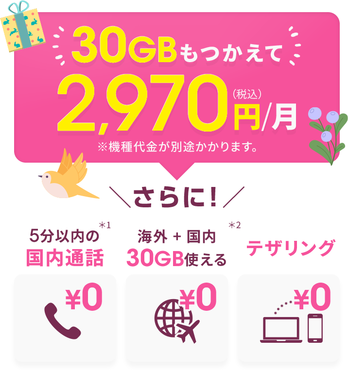30GBもつかえて2,970円（税込）/月 ※機種代金が別途かかります。 さらに！5分以内の国内通話が無料！¥0＊1 海外でも30GB＊2¥0 テザリング¥0